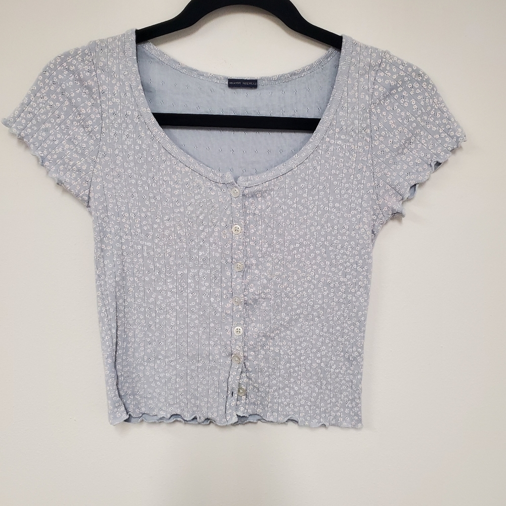 Brandy Melville John Galt Blue Floral Pointelle Zelly Button Up Baby Tee OS